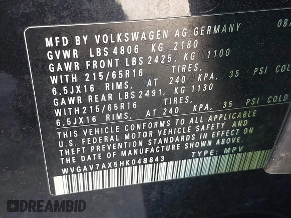 2017 Volkswagen Tiguan S with VIN WVGAV7AX5HK048843, listed as a IAAI auction lot 42029583 with 73,892 mi miles and . Bid and sale history available at DreamBid. Image 9.