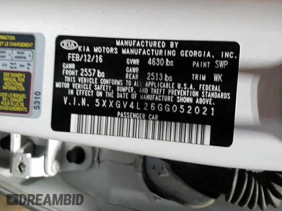2016 Kia Optima SXL Turbo with VIN 5XXGV4L26GG052021, listed as a Copart auction lot 54018535 with 109,409 mi miles and Salvage title. Bid and sale history available at DreamBid. Image 12.
