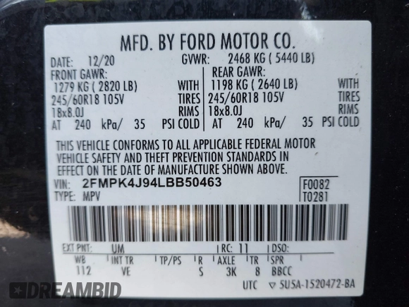 2020 Ford Edge SEL with VIN 2FMPK4J94LBB50463, listed as a IAAI auction lot 40712195 with 1 mi miles. Bid and sale history available at carsss.com. Image 9.