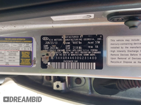 2013 Kia Optima SX with VIN 5XXGR4A63DG231400, listed as a IAAI auction lot 42518098 with 168,364 mi miles and . Bid and sale history available at DreamBid. Image 9.