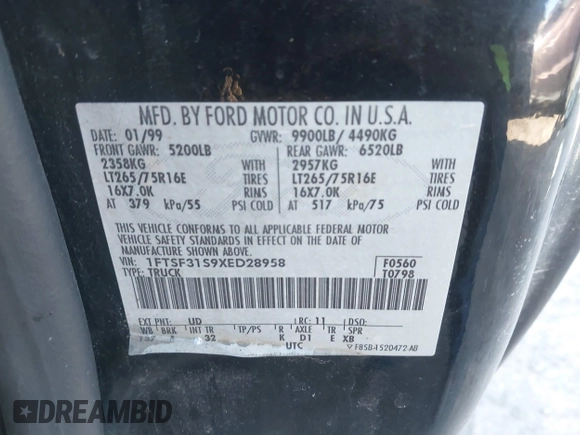 1999 Ford F-350 XL with VIN 1FTSF31S9XED28958, listed as a IAAI auction lot 41886709 with 193,360 mi miles and . Bid and sale history available at DreamBid. Image 9.
