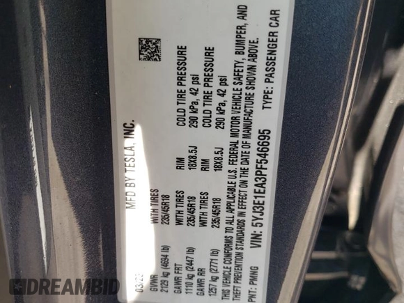 2023 Tesla Model 3 z VIN 5YJ3E1EA3PF546695, wystawiony jako Copart lot #57075155 z przebiegiem 35 871 mil mil oraz Szkoda całkowita • Salvage title. Historia ofert i sprzedaży dostępna na DreamBid. Obrazek 12.