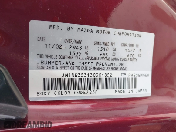 2003 Mazda MX-5 Miata Cloth with VIN JM1NB353130304852, listed as a IAAI auction lot 42145498 with Not provided miles and . Bid and sale history available at DreamBid. Image 9.
