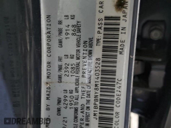 2021 Mazda 3 Premium Plus z VIN JM1BPBNY8M1403528, wystawiony jako Copart lot #85202274 z przebiegiem 26 510 mil mil oraz Szkoda całkowita • Salvage title. Historia ofert i sprzedaży dostępna na DreamBid. Obrazek 12.