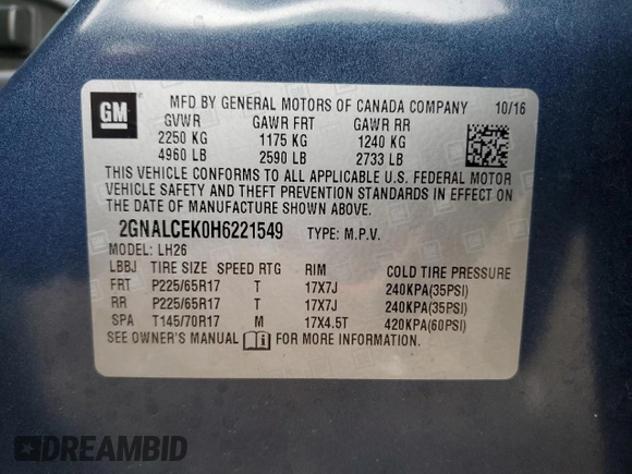 2017 Chevrolet Equinox LT with VIN 2GNALCEK0H6221549, listed as a Copart auction lot 50451095 with 58,444 mi miles and Salvage Title. Bid and sale history available at DreamBid. Image 13.