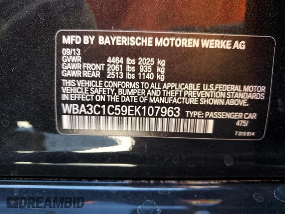 2014 BMW 3 Series 328i with VIN WBA3C1C59EK107963, listed as a Copart auction lot 49668095 with 135,768 mi miles and Salvage title. Bid and sale history available at DreamBid. Image 14.