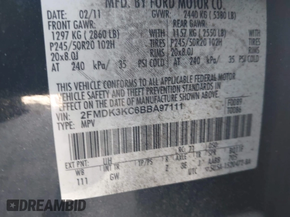 2011 Ford Edge Limited с VIN 2FMDK3KC6BBA97111, выставлен на аукционе IAAI как лот 41897360 с пробегом 194 510 миль миль и . История ставок и продаж доступна на DreamBid. Изображение 9.