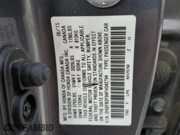 2015 Honda Civic EX-L z VIN 2HGFB2F94FH542794, wystawiony jako Copart lot #55478245 z przebiegiem 149 903 mil mil oraz Szkoda całkowita • Salvage title. Historia ofert i sprzedaży dostępna na DreamBid. Obrazek 12.