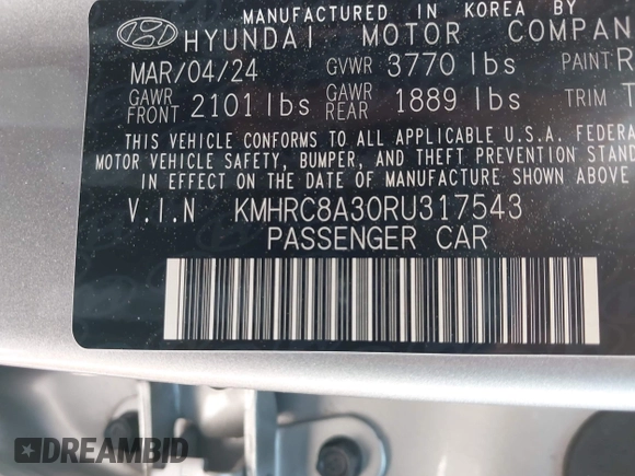 2024 Hyundai Venue SEL with VIN KMHRC8A30RU317543, listed as a IAAI auction lot 41978170 with 10,372 mi miles and . Bid and sale history available at DreamBid. Image 9.