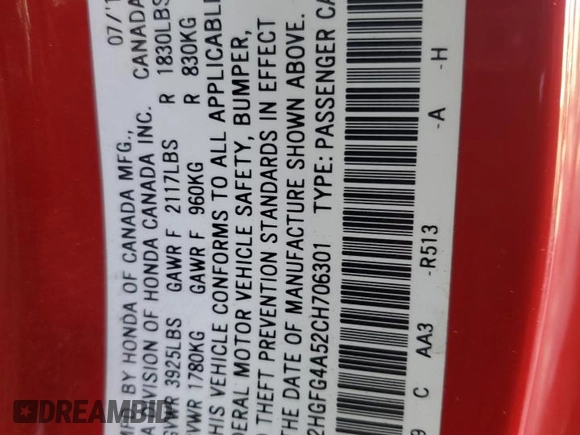 2012 Honda Civic Cpe Si with VIN 2HGFG4A52CH706301, listed as a Copart auction lot 52030945 with 153,917 mi miles and Salvage Title. Bid and sale history available at carsss.com. Image 15.
