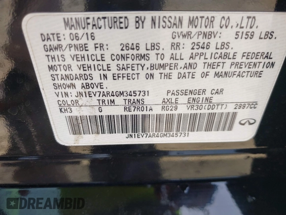 2016 Infiniti Q50 3.0t Premium with VIN JN1EV7AR4GM345731, listed as a IAAI auction lot 41836075 with 88,682 mi miles. Bid and sale history available at carsss.com. Image 9.