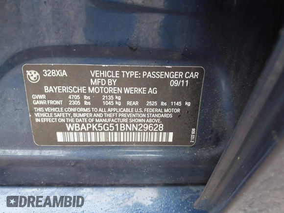 2011 BMW 3 Series 328i xDrive z VIN WBAPK5G51BNN29628, wystawiony jako IAAI lot #42245328 z przebiegiem 177 218 mil mil oraz . Historia ofert i sprzedaży dostępna na DreamBid. Obrazek 9.