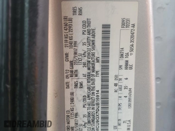2013 Ford Escape SE with VIN 1FMCU9GX7DUB16914, listed as a Copart auction lot 61168145 with 135,291 mi miles and Clean title. Bid and sale history available at DreamBid. Image 13.