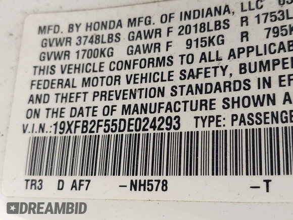 2013 Honda Civic LX with VIN 19XFB2F55DE024293, listed as a IAAI auction lot 42075733 with 121,531 mi miles and . Bid and sale history available at DreamBid. Image 9.