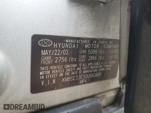2003 Hyundai Santa Fe GLS with VIN KM8SC13E93U542588, listed as a Copart auction lot 85394024 with 75,910 mi miles and Clean Title. Bid and sale history available at carsss.com. Image 13.
