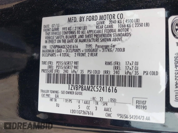 2012 Ford Mustang V6 Premium with VIN 1ZVBP8AM2C5241616, listed as a IAAI auction lot 39532874 with 182,263 mi miles. Bid and sale history available at carsss.com. Image 9.