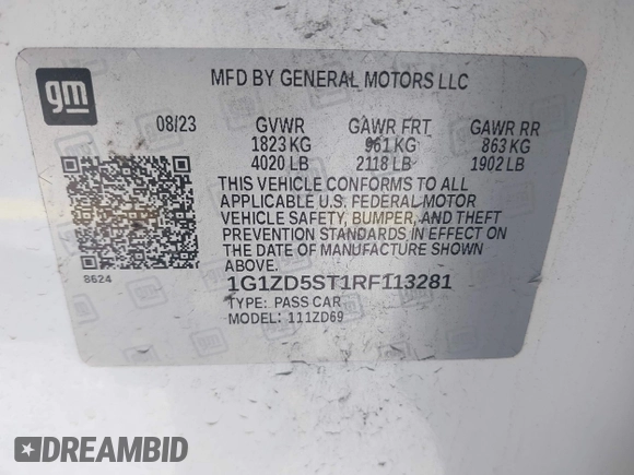 2024 Chevrolet Malibu LT with VIN 1G1ZD5ST1RF113281, listed as a IAAI auction lot 42158086 with 33,722 mi miles and . Bid and sale history available at DreamBid. Image 9.
