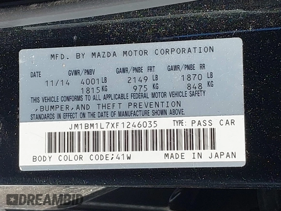 2015 Mazda 3 i Touring with VIN JM1BM1L7XF1246035, listed as a IAAI auction lot 41819595 with 124,535 mi miles and . Bid and sale history available at carsss.com. Image 9.