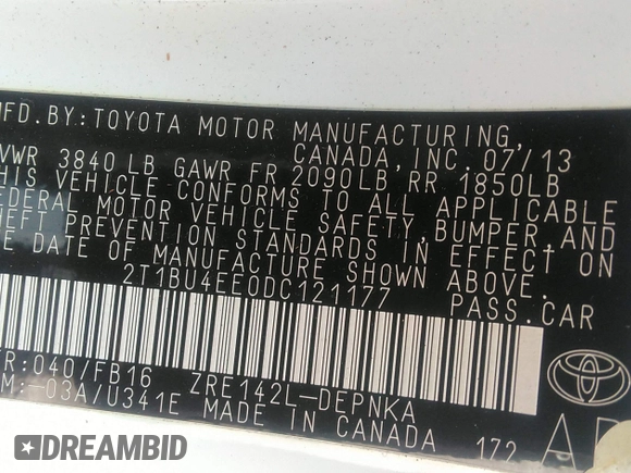 2013 Toyota Corolla L with VIN 2T1BU4EE0DC121177, listed as a IAAI auction lot 41759228 with 129,289 mi miles. Bid and sale history available at carsss.com. Image 9.
