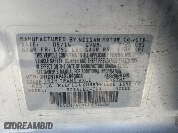 2016 Nissan Versa S Plus with VIN 3N1CN7AP4GL895608, listed as a Copart auction lot 60890815 with 114,638 mi miles and Salvage title. Bid and sale history available at DreamBid. Image 13.