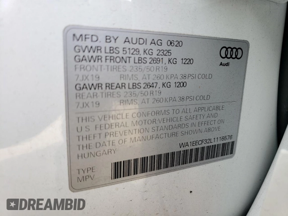 2020 Audi Q3 S line Premium Plus with VIN WA1EECF32L1116576, listed as a Copart auction lot 41111063 with 9,808 mi miles and . Bid and sale history available at DreamBid. Image 13.