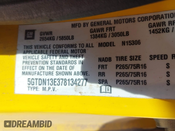 2007 Hummer H3 SUV with VIN 5GTDN13E378134277, listed as a IAAI auction lot 42008073 with 135,533 mi miles. Bid and sale history available at carsss.com. Image 8.
