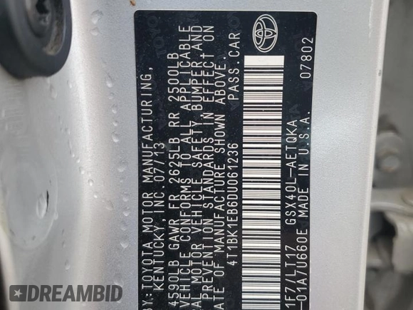 2013 Toyota Avalon XLE with VIN 4T1BK1EB6DU061236, listed as a Copart auction lot 57767745 with 98,958 mi miles and Salvage title. Bid and sale history available at DreamBid. Image 12.