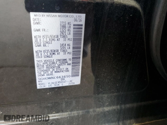 2016 Nissan Pathfinder S with VIN 5N1AR2MN9GC663650, listed as a Copart auction lot 52812415 with 174,287 mi miles and Salvage title. Bid and sale history available at DreamBid. Image 13.