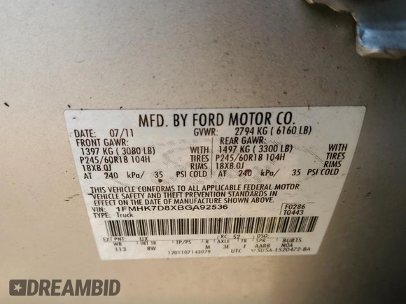 2011 Ford Explorer XLT z VIN 1FMHK7D8XBGA92536, wystawiony jako Copart lot #52979635 z przebiegiem 260 753 mil mil oraz Szkoda całkowita • Salvage title. Historia ofert i sprzedaży dostępna na DreamBid. Obrazek 14.