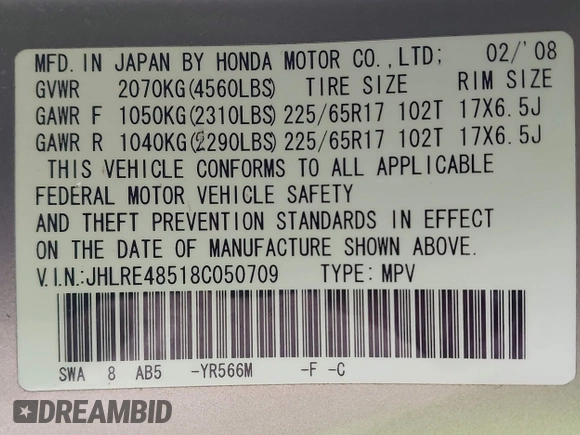 2008 Honda CR-V EX with VIN JHLRE48518C050709, listed as a IAAI auction lot 41746399 with 170,699 mi miles. Bid and sale history available at carsss.com. Image 9.