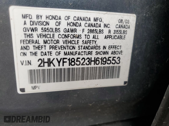 2003 Honda Pilot EX z VIN 2HKYF18523H619553, wystawiony jako Copart lot #58941715 z przebiegiem 281 041 mil mil oraz Szkoda całkowita • Salvage title. Historia ofert i sprzedaży dostępna na DreamBid. Obrazek 13.