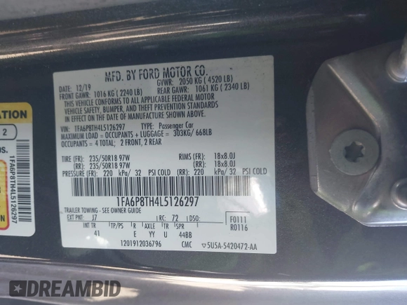 2020 Ford Mustang EcoBoost with VIN 1FA6P8TH4L5126297, listed as a IAAI auction lot 41867370 with 78,576 mi miles. Bid and sale history available at carsss.com. Image 9.