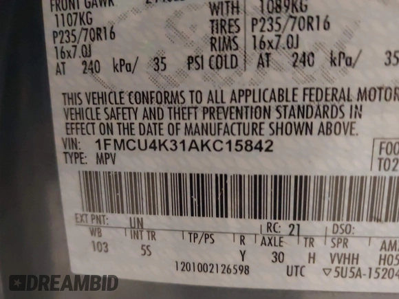 2010 Ford Escape Hybrid with VIN 1FMCU4K31AKC15842, listed as a IAAI auction lot 41332030 with 490,296 mi miles and . Bid and sale history available at DreamBid. Image 9.