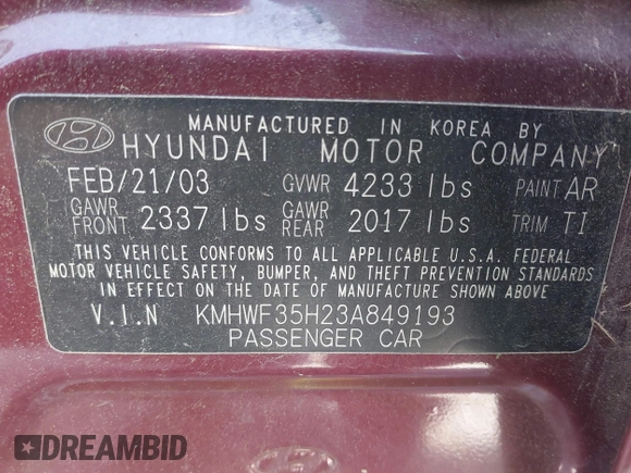 2003 Hyundai Sonata GLS with VIN KMHWF35H23A849193, listed as a IAAI auction lot 42023187 with 58,300 mi miles. Bid and sale history available at carsss.com. Image 9.