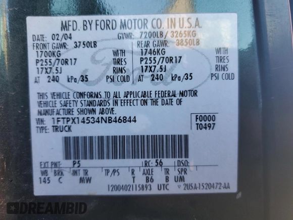 2004 Ford F-150 XLT with VIN 1FTPX14534NB46844, listed as a Copart auction lot 42981865 with 0 mi miles and Salvage Title. Bid and sale history available at carsss.com. Image 12.
