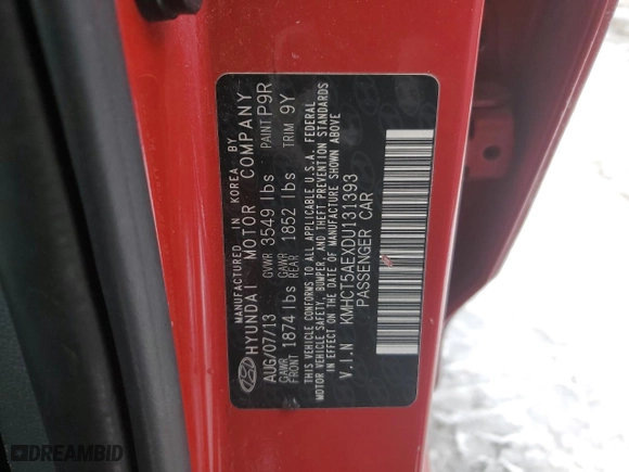 2013 Hyundai Accent GL with VIN KMHCT5AEXDU131393, listed as a Copart auction lot 45369305 with 65,798 mi miles and Clean Title. Bid and sale history available at carsss.com. Image 12.