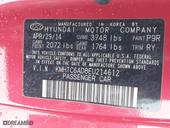 2014 Hyundai Veloster with VIN KMHTC6AD8EU214612, listed as a IAAI auction lot 41258820 with 61,984 mi miles. Bid and sale history available at carsss.com. Image 9.