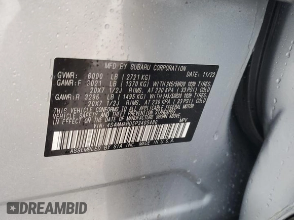 2023 Subaru Ascent Limited z VIN 4S4WMARD5P3405480, wystawiony jako Copart lot #61194015 z przebiegiem Nie podano mil oraz Szkoda całkowita • Salvage title. Historia ofert i sprzedaży dostępna na DreamBid. Obrazek 13.