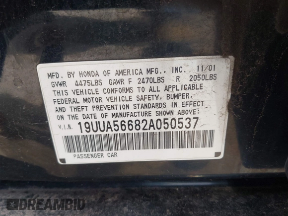 2002 Acura TL with VIN 19UUA56682A050537, listed as a IAAI auction lot 42056450 with 255,074 mi miles. Bid and sale history available at carsss.com. Image 9.