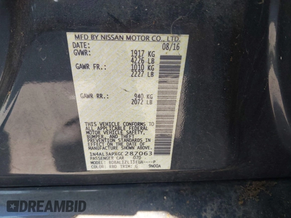 2016 Nissan Altima SR with VIN 1N4AL3APXGC287063, listed as a IAAI auction lot 42262201 with 116,233 mi miles and . Bid and sale history available at DreamBid. Image 9.