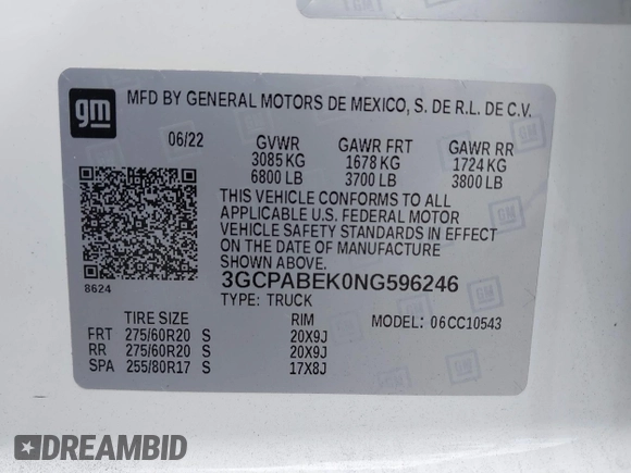 2022 Chevrolet Silverado 1500 Custom with VIN 3GCPABEK0NG596246, listed as a IAAI auction lot 41798415 with 47,421 mi miles and . Bid and sale history available at DreamBid. Image 9.