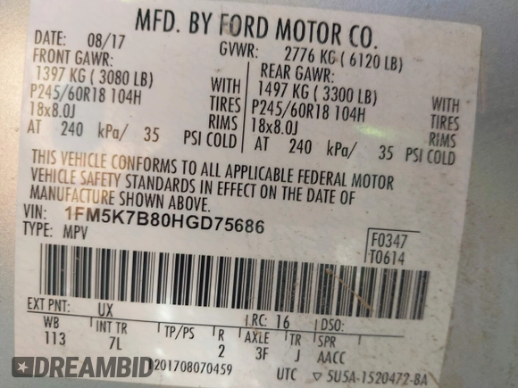 2017 Ford Explorer with VIN 1FM5K7B80HGD75686, listed as a IAAI auction lot 41908973 with 122,525 mi miles and . Bid and sale history available at DreamBid. Image 9.