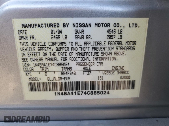 2004 Nissan Maxima SL with VIN 1N4BA41E74C885024, listed as a Copart auction lot 50556225 with 124,657 mi miles and Salvage Title. Bid and sale history available at carsss.com. Image 15.