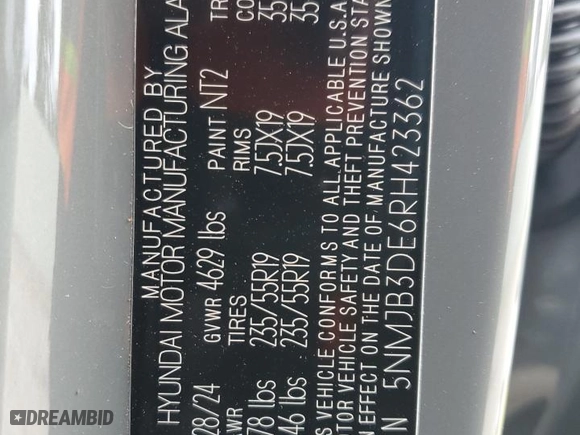 2024 Hyundai Tucson SEL with VIN 5NMJB3DE6RH423362, listed as a Copart auction lot 87707005 with 3,730 mi miles and Salvage Title. Bid and sale history available at carsss.com. Image 13.