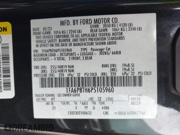 2023 Ford Mustang EcoBoost with VIN 1FA6P8TH6P5105960, listed as a IAAI auction lot 41185385 with 37,081 mi miles. Bid and sale history available at carsss.com. Image 9.