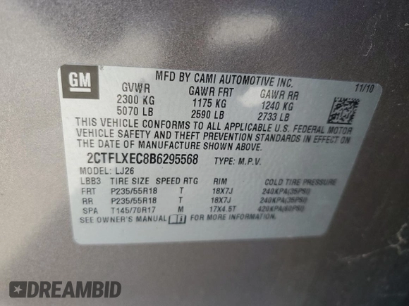 2011 GMC Terrain SLT-2 with VIN 2CTFLXEC8B6295568, listed as a Copart auction lot 70779954 with 188,622 mi miles and Salvage Title. Bid and sale history available at DreamBid. Image 13.