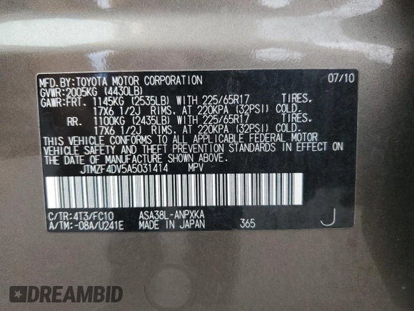 2010 Toyota RAV4 с VIN JTMZF4DV5A5031414, выставлен на аукционе Copart как лот 62608855 с пробегом 101 974 миль миль и Чистый • Clean title. История ставок и продаж доступна на DreamBid. Изображение 14.