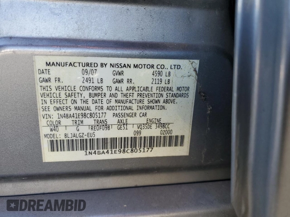 2008 Nissan Maxima 3.5 SL with VIN 1N4BA41E98C805177, listed as a Copart auction lot 41879435 with 212,948 mi miles and Salvage Title. Bid and sale history available at carsss.com. Image 14.