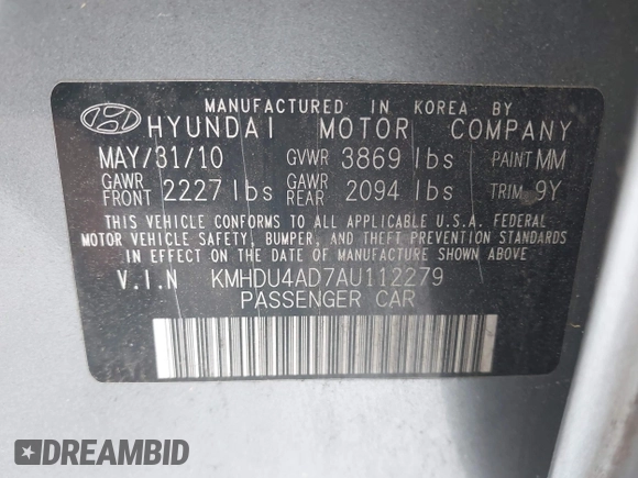 2010 Hyundai Elantra GLS z VIN KMHDU4AD7AU112279, wystawiony jako IAAI lot #42493013 z przebiegiem 99 120 mil mil oraz . Historia ofert i sprzedaży dostępna na DreamBid. Obrazek 9.