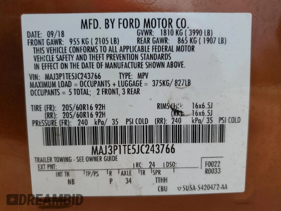 2018 Ford EcoSport SE z VIN MAJ3P1TE5JC243766, wystawiony jako Copart lot #56361845 z przebiegiem 91 964 mil mil oraz Czysty tytuł • Clean title. Historia ofert i sprzedaży dostępna na DreamBid. Obrazek 12.